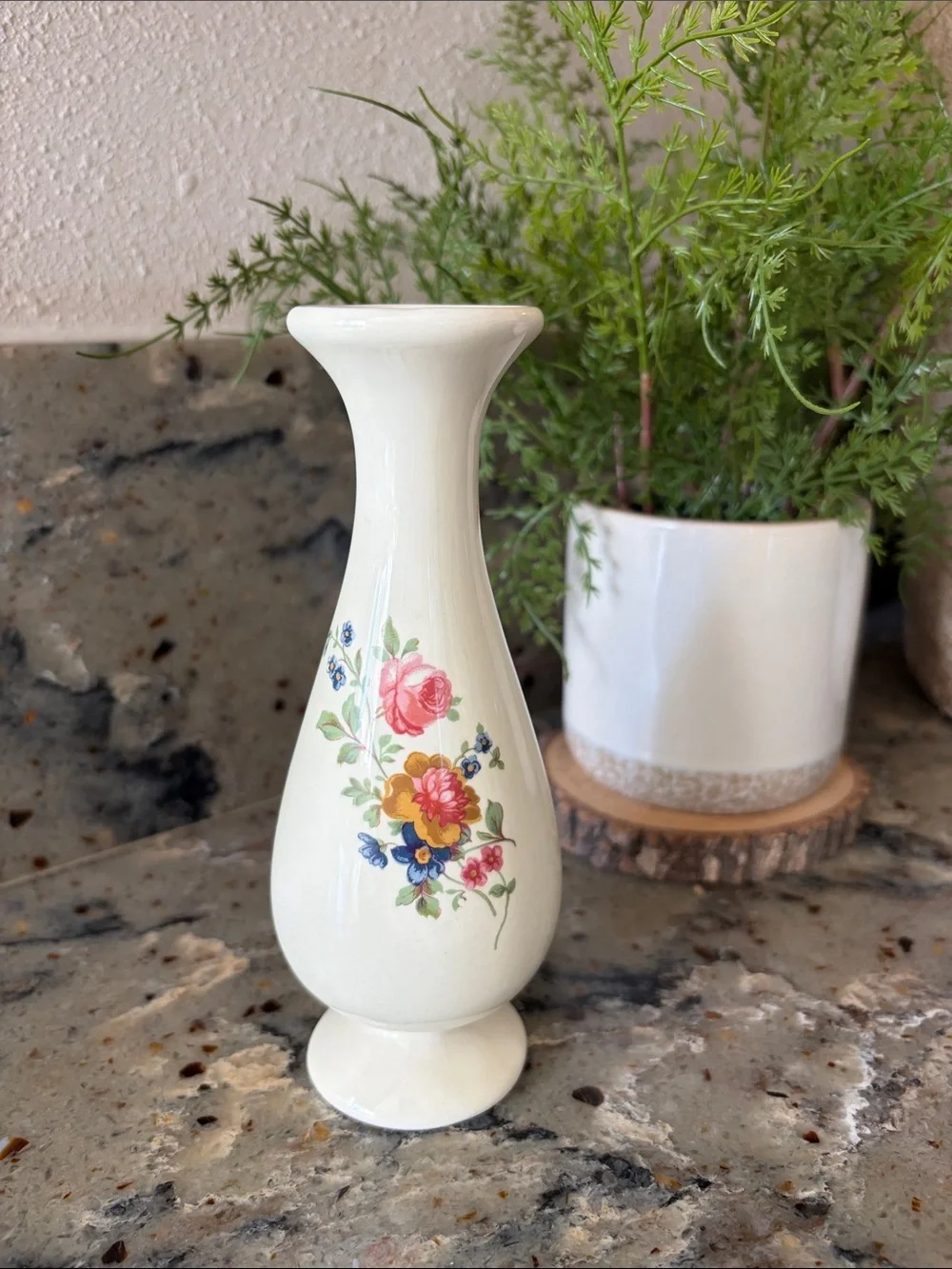 Vintage Mid Century Cream Floral Glazed Ceramic Slender Neck Bud Vase, 6.5” high